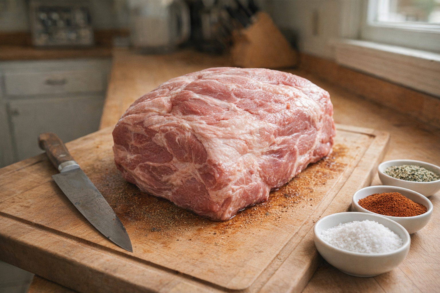 Raw pork butt on a cutting board, knife and dry rub spices in small bowls surrounding it, well-lit kitchen